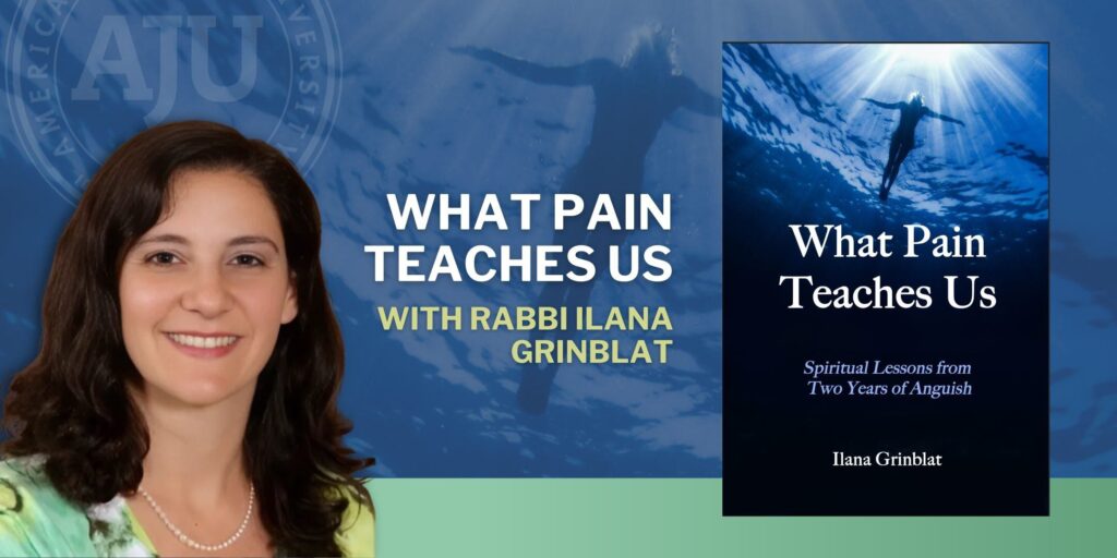 Rabbi Grinblat next to her book What Pain Teaches Us